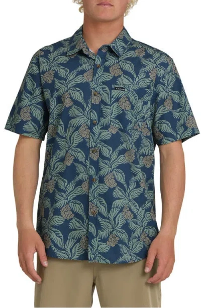 Quiksilver Hala Pineapple Print Classic Short Sleeve Cotton Button-up Shirt In Blue