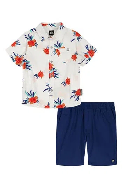 Quiksilver Kids' Print Short Sleeve Button-up Shirt & Woven Shorts Set In White