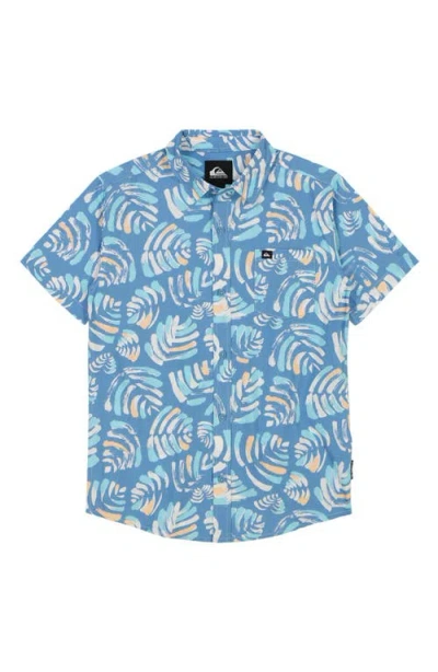 Quiksilver Kids' Shades Classics Leaf Print Short Sleeve Cotton Button-up Shirt In Niagara