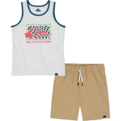 Quiksilver Kids' Toddler And Little Boys 2-piece Logo Racer Tank Top And Stretch Tech Shorts Set In Bright White,pale Khaki