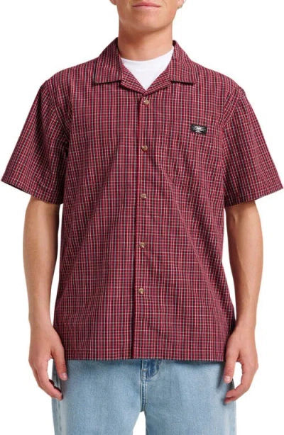 Quiksilver Liquid Metal Plaid Cotton Blend Camp Shirt In Burgundy