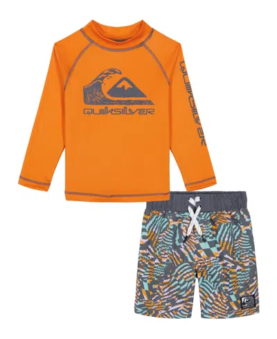 Quiksilver Babies' Little And Toddler Boys Long Sleeve Rashguard And Pattern Boardshorts, 2 Piece Set In Tangerine,print