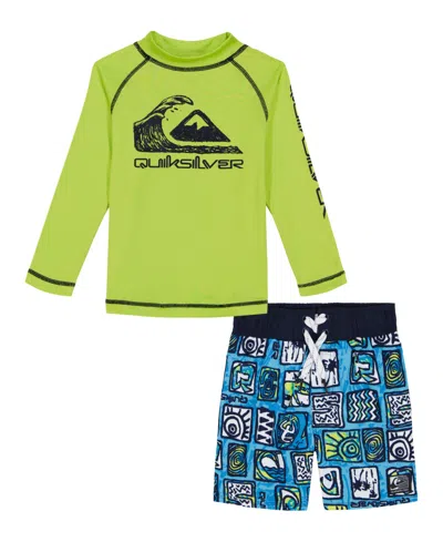 Quiksilver Kids' Little And Toddler Boys Long Sleeve Rashguard And Printed Boardshorts, 2 Piece Set In Sharp Green,print