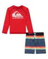 Quiksilver Little And Toddler Boys Long Sleeve Rashguard And Striped Boardshorts, 2 Piece Set In Red Ginger,navy