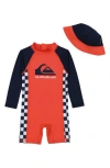 Quiksilver Long Sleeve One-piece Rashguard Swimsuit & Sun Hat Set In Red Multi