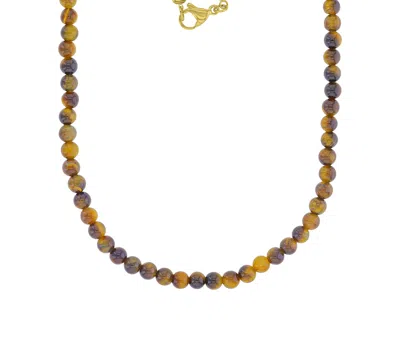 Quiksilver Men's 18k Gold-plated Steel Yellow Oval Tag Tiger Eye Necklace In Brown