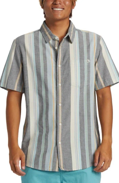 Quiksilver Oxford Stripe Short Sleeve Button-up Shirt In Black Oxford Stripe