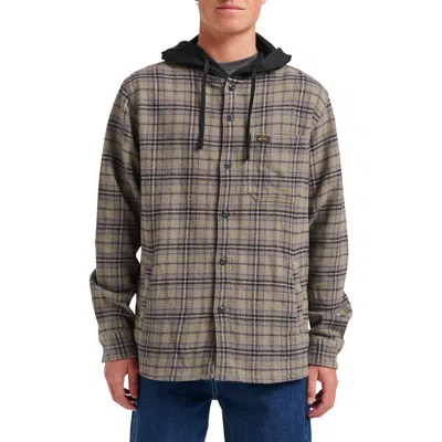 Quiksilver Sandbar Hooded Plaid Cotton Flannel Button-up Shirt In Gray