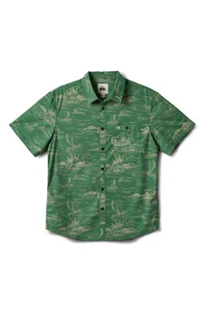 Quiksilver Sea Scene Short Sleeve Organic Cotton & Recycled Polyester Button-up Shirt In Green