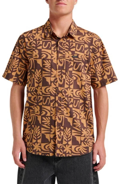 Quiksilver Terra Classic Abstract Print Short Sleeve Stretch Cotton Button-up Shirt In Brown