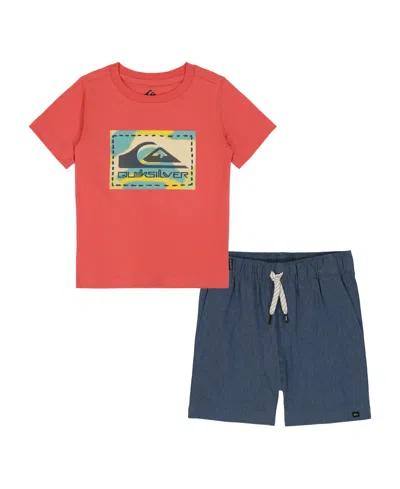 Quiksilver Kids' Toddler And Little Boys 2-piece Short Sleeve Graphic Logo T-shirt And Stretch Tech Shorts Set In Spiced Coral,vintage Indigo