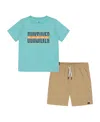 Quiksilver Kids' Toddler And Little Boys 2-piece Short Sleeve Logo Graphics T-shirt And Stretch Tech Shorts Set In Aqua Sky,pale Khaki