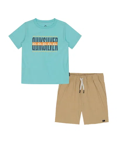 Quiksilver Kids' Toddler And Little Boys 2-piece Short Sleeve Logo Graphics T-shirt And Stretch Tech Shorts Set In Aqua Sky,pale Khaki