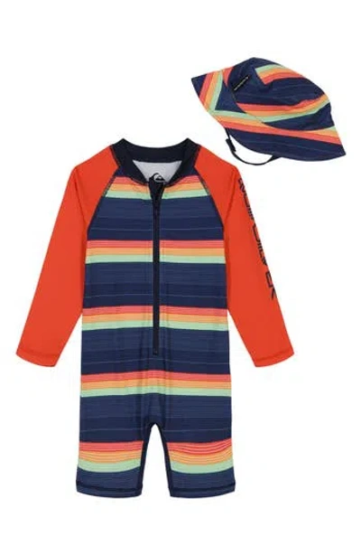 Quiksilver Babies'  Zip-up Rashguard & Hat Set In Assorted Orange/blue