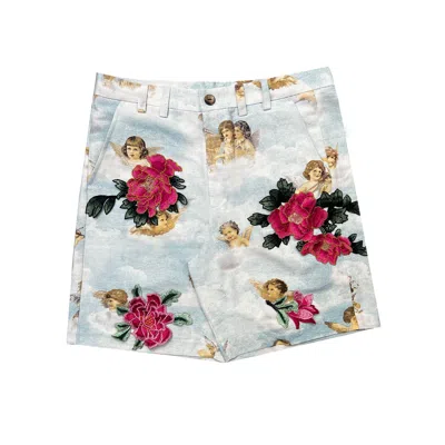 Quillattire Men's Blue Cupid Short With Red Floral Embroidery