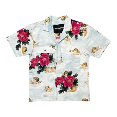 Quillattire Women's Blue Cupid Shirt With Red Floral Embroidery