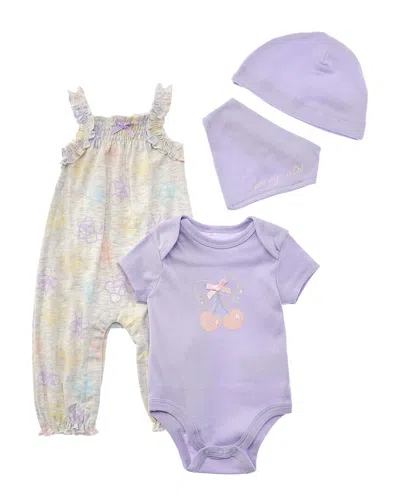 Quiltex Kids' 4pc Cherry Sweet Layette Romper, Hat & Bib Set In Purple