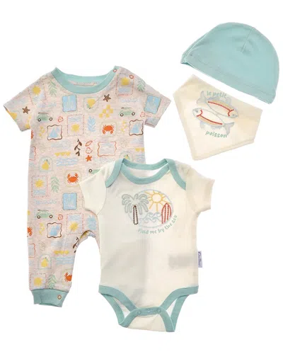 Quiltex Kids' 4pc Find Me By The Sea Layette Romper, Hat & Bib Set In White