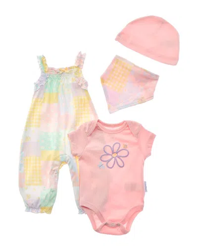 Quiltex Kids' 4pc Flower Market Layette Romper, Hat & Bib Set In Pink