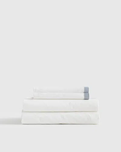 Quince Classic Organic Percale Border Sheet Set In White/light Blue