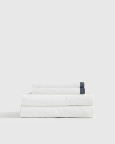 Quince Classic Organic Percale Border Sheet Set In White/nightfall