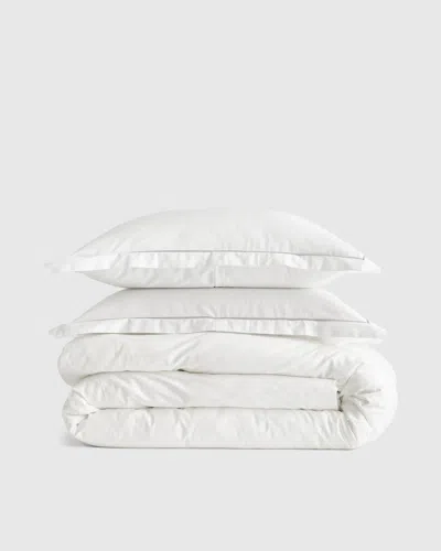 Quince Classic Organic Percale Embroidered Duvet Cover Set In White/grey