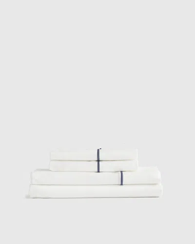 Quince Classic Organic Percale Embroidered Sheet Set In White/navy