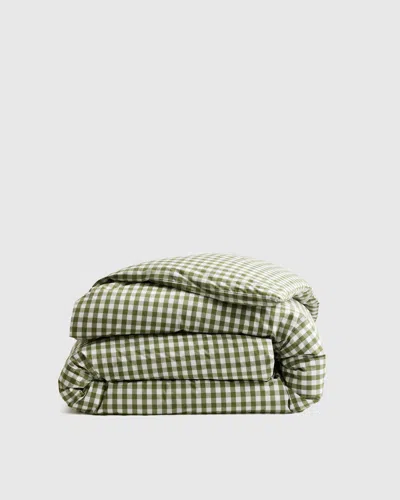 Quince Classic Organic Percale Gingham Duvet Cover In Olive