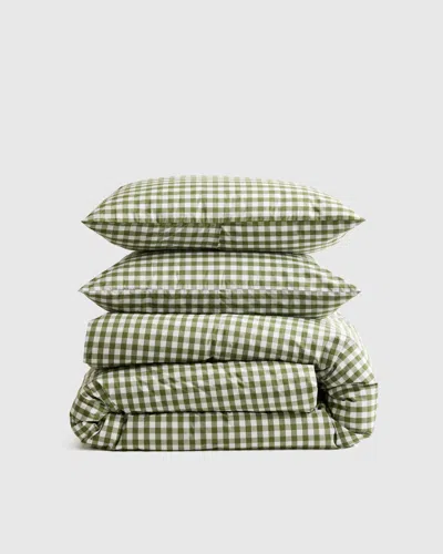 Quince Classic Organic Percale Gingham Duvet Cover Set In Olive