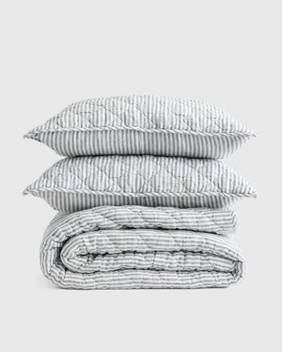 Quince European Linen Stripe Quilt Set In Grey/white Stripe