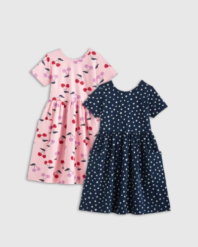 Quince Kids' Fit And Flare Pocket Dress 2-pack In Cherries/navy Dot