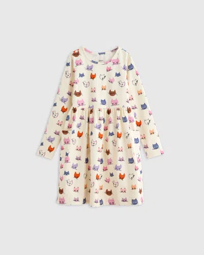 Quince Kids' Long Sleeve Fit And Flare Pocket Dress In Cat Faces