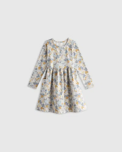 Quince Kids' Long Sleeve Fit And Flare Pocket Dress In Grey Ditsy Floral