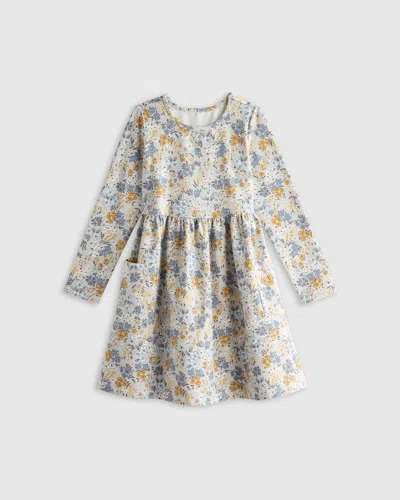 Quince Kids' Long Sleeve Fit And Flare Pocket Dress In Grey Ditsy Floral