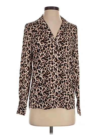 Pre-owned Quince Long Sleeve Silk Top Brown Animal Print Pattern Tie Neck Tops