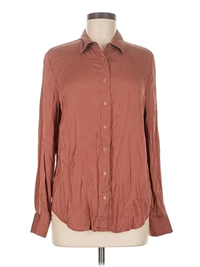 Pre-owned Quince Long Sleeve Silk Top Brown Collared Neckline Tops