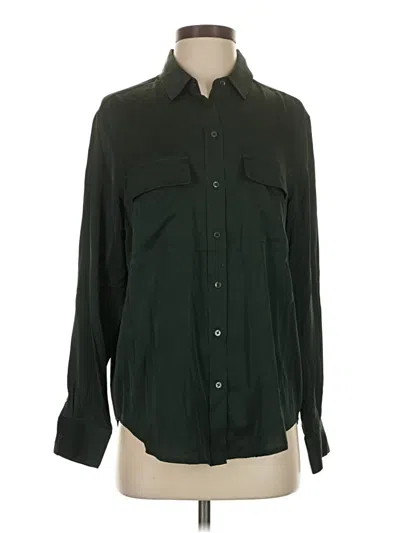 Pre-owned Quince Long Sleeve Silk Top Green Solid Pattern Collared Neckline Tops
