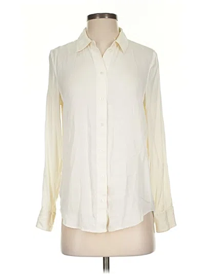 Pre-owned Quince Long Sleeve Silk Top Ivory Color Block Pattern Collared Neckline Tops In White