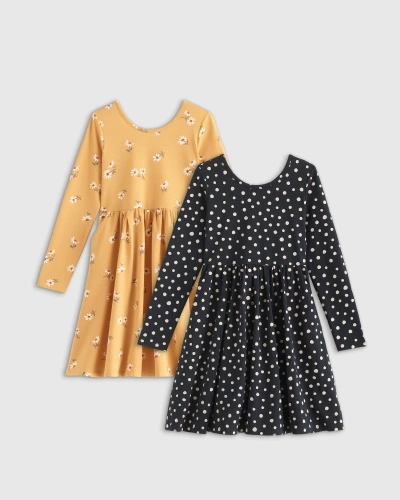 Quince Kids' Long Sleeve Skater Dress 2-pack In Golden Daisy/black Dot