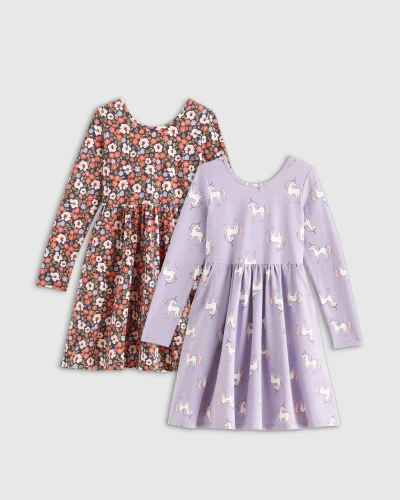 Quince Long Sleeve Skater Dress 2-pack In Poppy Floral/lilac Unicorn
