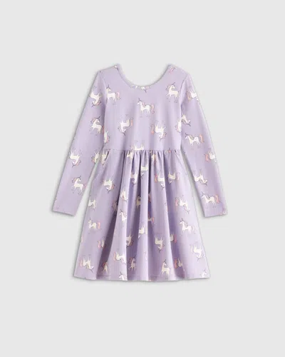 Quince Kids' Long Sleeve Skater Dress In Lilac Unicorn