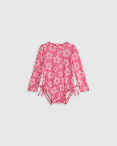 Quince Kids' Long Sleeve Tie One-piece Swimsuit In Pink Daisy