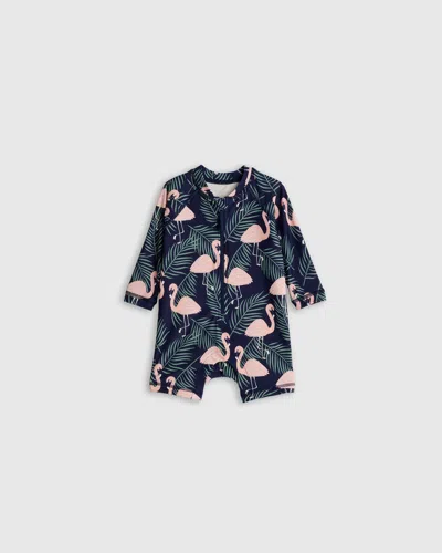 Quince Kids' Long Sleeve Zip-up Rash Guard One-piece In Flamingo Palms