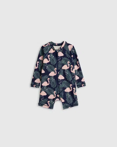 Quince Kids' Long Sleeve Zip-up Rash Guard One-piece In Flamingo Palms