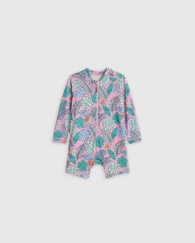 Quince Kids' Long Sleeve Zip-up Rash Guard One-piece In Palms