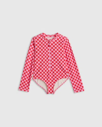 Quince Kids' Long Sleeve Zip-up Swimsuit In Pink Check