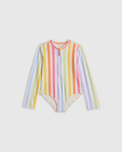 Quince Kids' Long Sleeve Zip-up Swimsuit In Rainbow Stripe