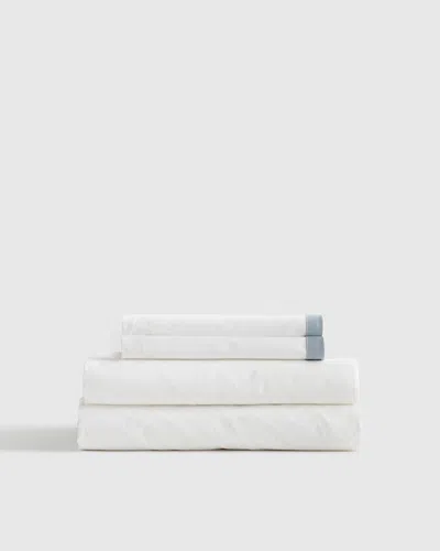 Quince Luxury Organic Sateen Border Sheet Set In White/light Blue
