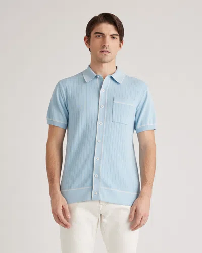 Quince Men's -silk Tipped Button Down Polo Sweater In Blue