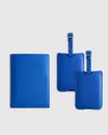 Quince Nappa Leather Rfid Blocking Passport Holder & Luggage Tags Set In Blue